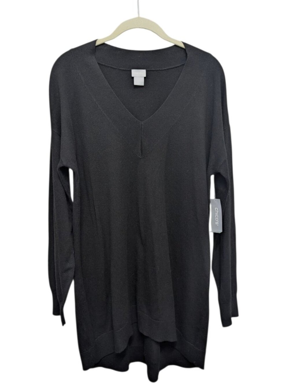 NEW Chico’s Black Cashmere Blend V-Neck Tunic Sweater Quiet Luxury Size 1 Medium